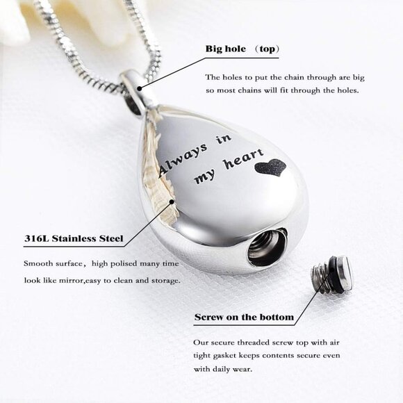 Always in My Heart Teardrop Ashes Urn Pendant - Durable & Elegant Jewelry - Picture 2 of 6